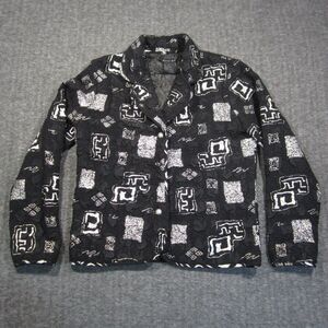 Vtg Tally Ho Jacket Womens M Black Metallic Pearl Button Pop Art Crinkled‎ 90s